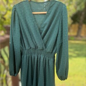 Forest Green V-neck Ruffled Matelasse Long Sleeve Women's Peasant Dress Size XL